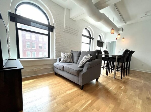 Living room and dining space