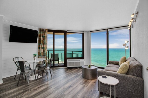 Cozy and comfortable living room with panoramic view of the ocean