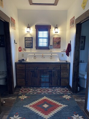 farmhouse sink and bathrooms 
