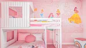 Rose-themed Royal Chamber ideal for three youngsters featuring a distinctive bunk bed arrangement