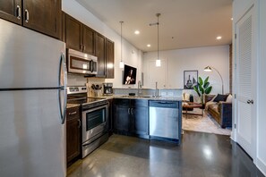 Fully equipped kitchen with stainless steel appliances