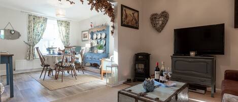 The living and dining room at Leatside Cottage, Somerset