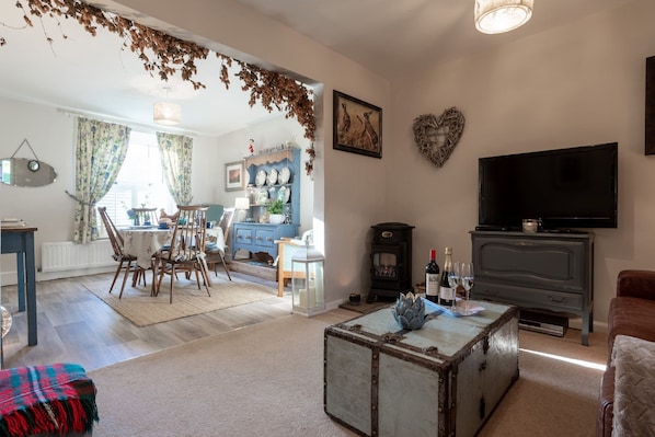 The living and dining room at Leatside Cottage, Somerset