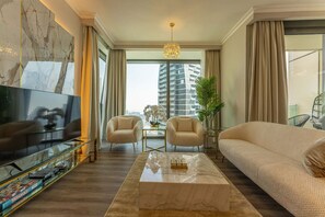 Living Room Retreat: Experience elegance with stunning views and chic furnishings!