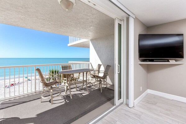 Oversized balcony with ample, seating, and amazing views of the Gulf
