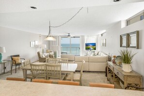 open concept kitchen, dining and family room with a view