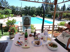 SAPPHIRE HOME GAZEBO BY POOL, BARBECUE MEAL BASED ON VEGETABLES FROM OUR GARDEN