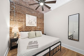 This bedroom has a king sized bed