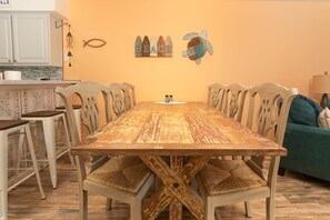 Farmhouse table for dining.