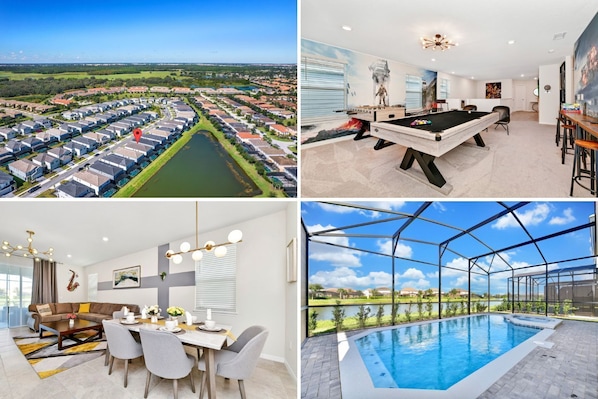 Stylish home bliss: Game room, chic decor, and a sunlit pool paradise!