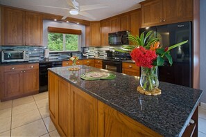 This kitchen has everything you need to cook while you are here