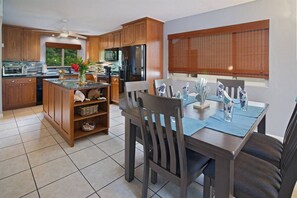 Large kitchen is open to the dining area