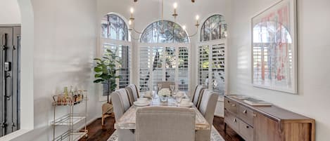 Formal Dining Area with Seating for Eight and Stunning Wood Beam Ceiling!