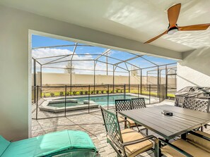 - Relax in the shade with ceiling fan breezes and an inviting dining setup for outdoor meals
- Private screened in pool and spa area offers a peaceful oasis for family fun or solo dips
- Lounge chairs and BBQ grill complete your sunny escape setup