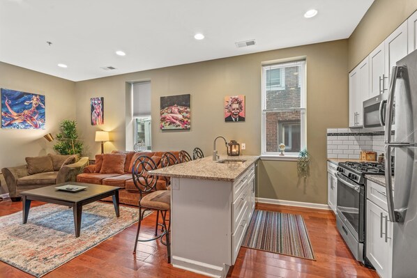 Large kitchen and living area