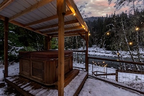 Views of the mountain and river from your hot tub