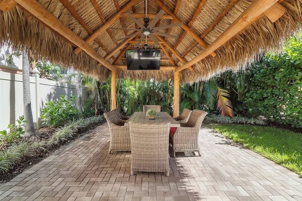 Relax under the shady Tiki Hut, fire up the grill and watch the big game with friends and family!