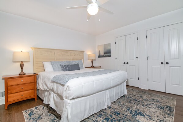 Primary bed has well-rated king mattress, double closets, and smart tv opp. wall