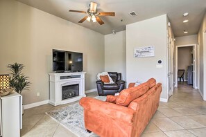 Living Room | Queen Sleeper Sofa | Ceiling Fan | Electric Fireplace