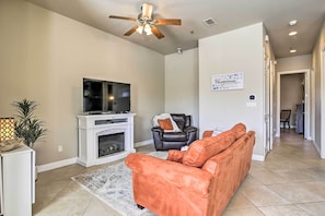 Living Room | Queen Sleeper Sofa | Ceiling Fan | Electric Fireplace