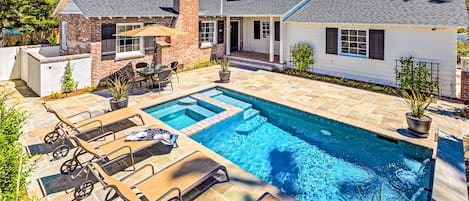 Welcome!  Private pool and spa.  Sunny enclosed front patio.