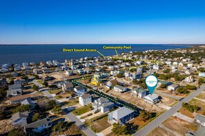 ONHC101A: Blue Water House | Aerial View, Canal front w/access to sound