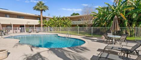 Plenty of lounge chairs and outdoor dining areas