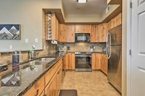 Kitchen | Pet Friendly w/ Fee | Gas Fireplace | Mountain & Wooded Views