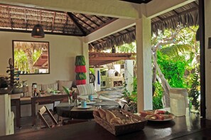 View from kitchen, multi level open lounge and desk. All open on the pool area.