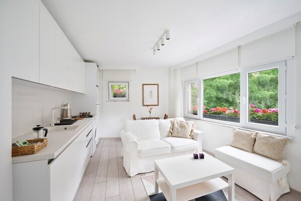 The spacious bright living room with a beautiful open kitchen looking out on to the scenic vies of Bebek.