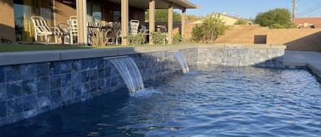 New heated pool with waterfall features