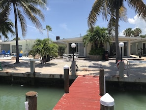 Canal side view of patio and villa. 40' dock on Key Colony Beach's largest canal