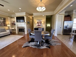 Kitchen, dining, and living areas