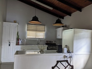 kitchen showing pantry, island, fridge