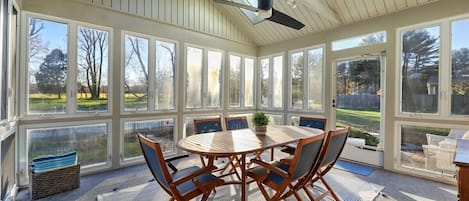 Enjoy your meals in the Sky-Lit all-glass sunroom, with a view out to the pool, yard, and the "Meditation Meadow."  