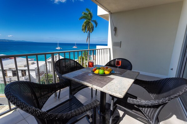 Seaview balcony for breakfast, lunch, and dinner!