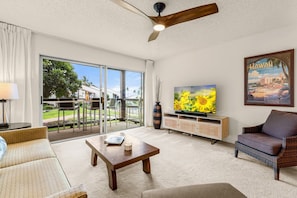 Relax on the sofa with the sliding door open and enjoy the Maui trade winds.