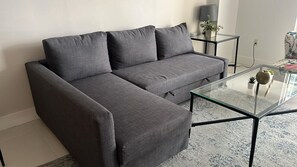Modern open concept living space featuring a cozy sofa bed and a couch