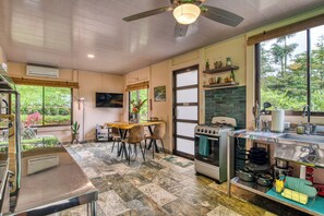Kitchen, dining area and side door