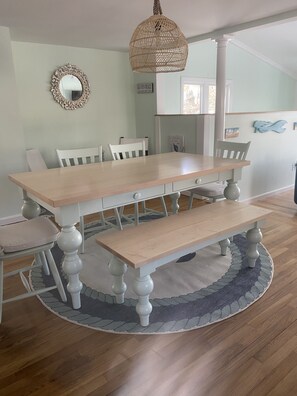The Dining area, pull-out sleeper chair from Maine Cottage on the way! 