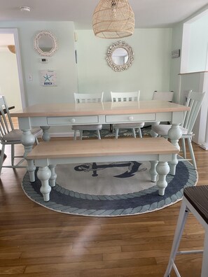 All new furnishings featuring a farmers table and bench from Maine Cottage