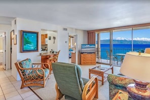 Ocean view from living room, private lanai, and bedroom.