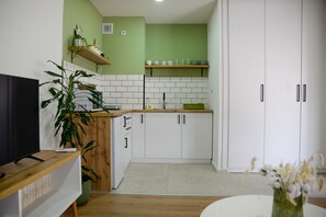 Kitchen with an induction stove, electric kettle and a microwave