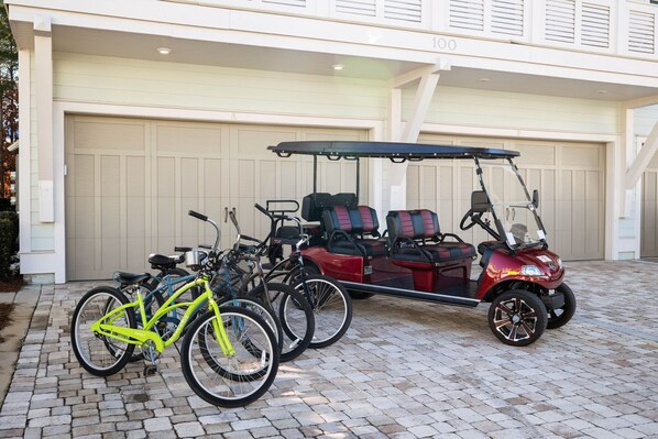 Golf cart and bikes available for guest use.