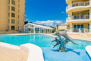 View of the Tower pool and heated indoor pool in the background.