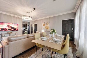 Dining area with open floor plan. 
