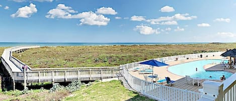 Walking Boardwalk to Beach, Shared Pool