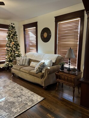 Downstairs living room with gas fireplace 