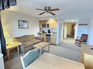 Kitchenette with fridge, dishwasher, burner & microwave | Listed with @BookTraverse