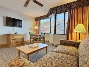 Living Room Area (pullout couch) with Great View of the Ski Resort  | Listed with @BookTraverse
